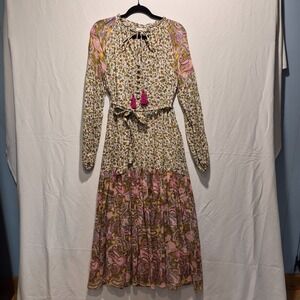 A Loves A Small Cotton Floral Tie Waist Long Sleeve Maxi Dress Cottagecore Boho